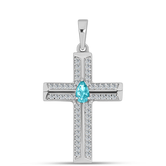 Cruz Colgante de Plata con Cuarzo Paraiba y Topacio Blanco