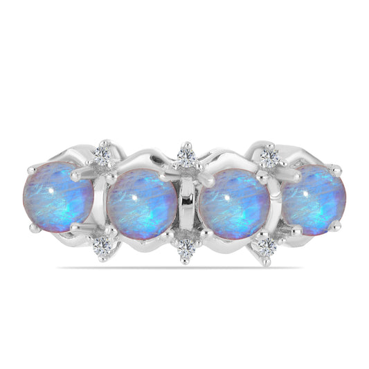 Anillo de Plata con Piedra Lunar Arco Iris y Zircón Blanco