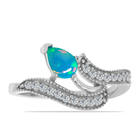 Anillo de Plata con Ópalo Azul de Lega Dembi de Etiopía y Zircón Blanco