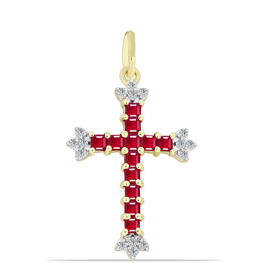 Cruz Colgante de Plata Bañada en Oro con Rubí de Madagascar y Topacio Blanco