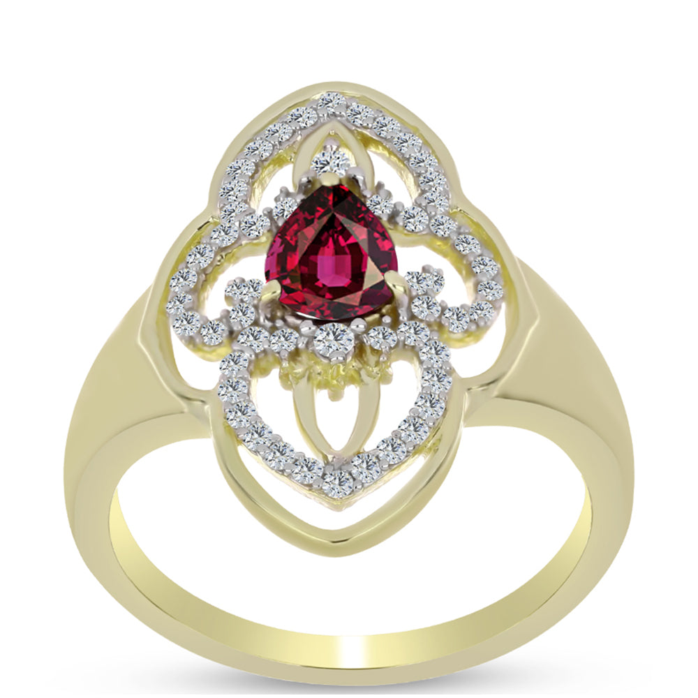 Anillo de Plata Bañada en Oro con Granate Rodolita y Topacio Blanco 3 