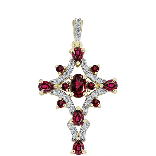 Cruz Colgante de Plata Bañada en Oro con Granate Rodolita y Topacio Blanco