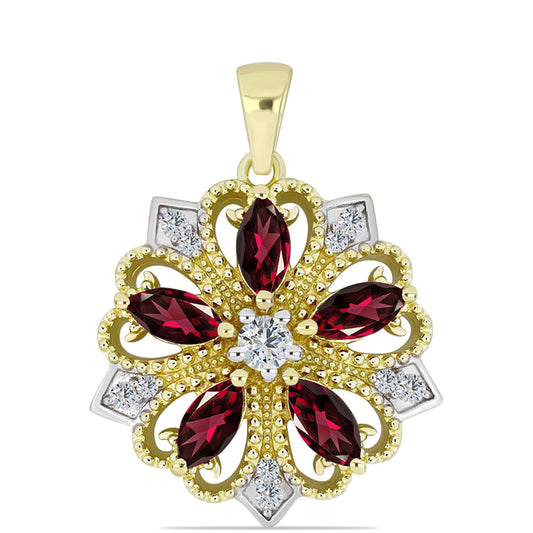 Colgante de Plata Bañada en Oro con Granate Rodolita y Topacio Blanco