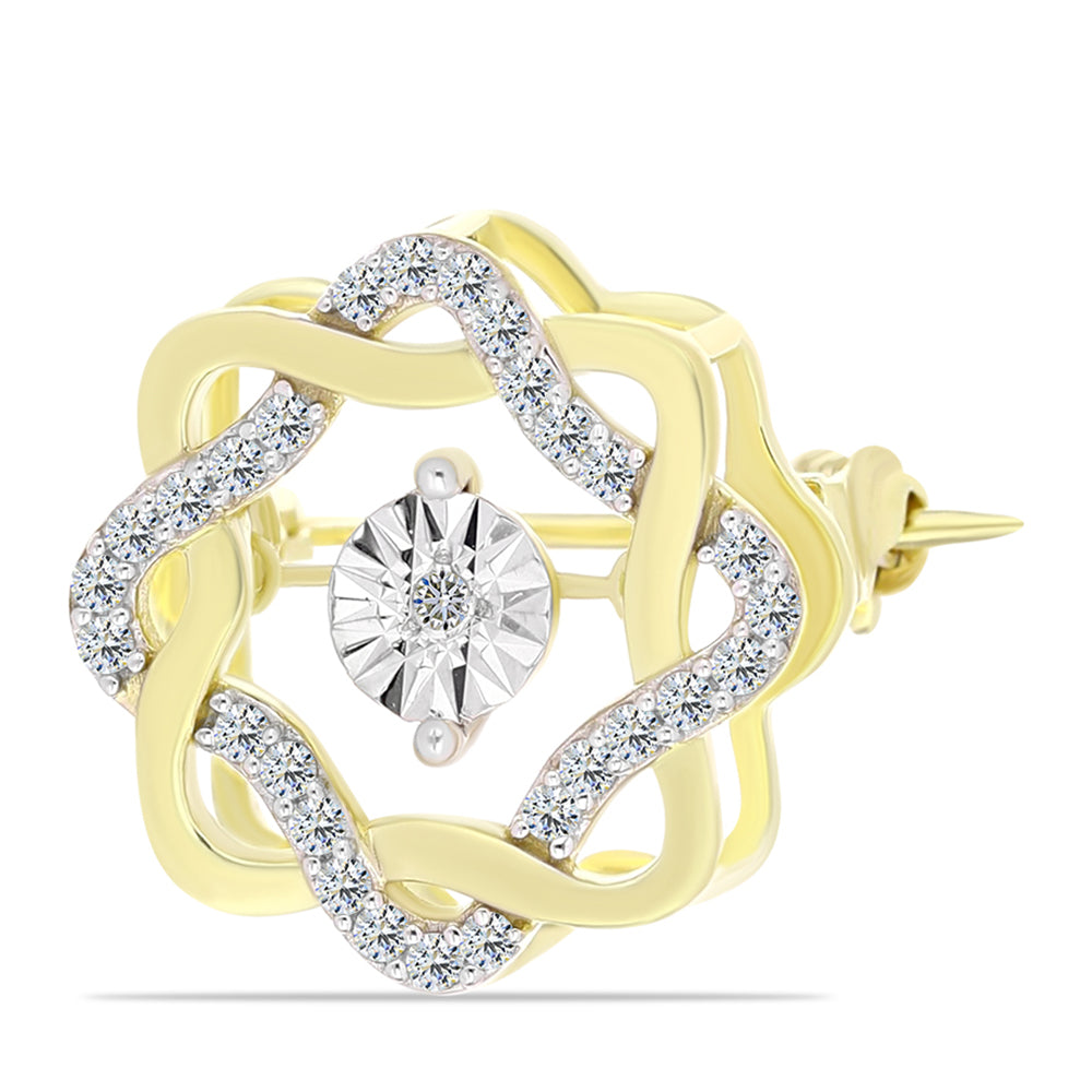 Broche de Plata Bañada en Oro con Diamante blanco y Topacio Blanco