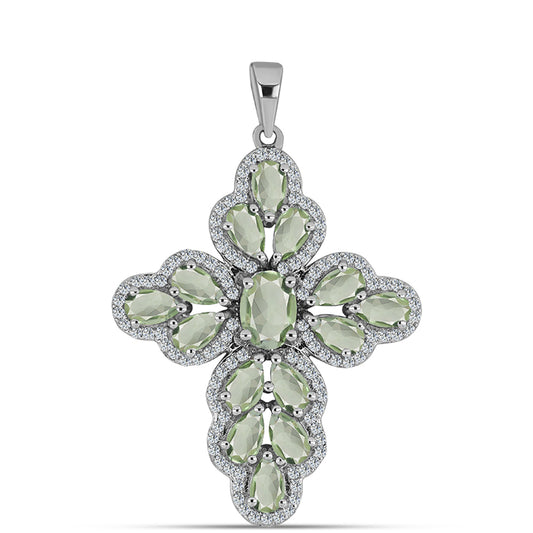Cruz Colgante de Plata con Amatista Verde y Topacio Blanco