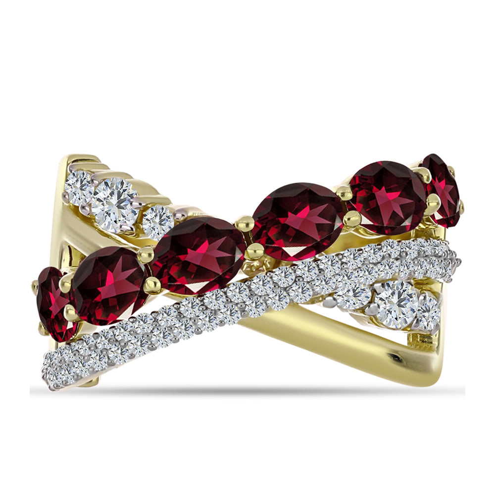 Anillo de Plata Bañada en Oro con Granate Rodolita y Topacio Blanco