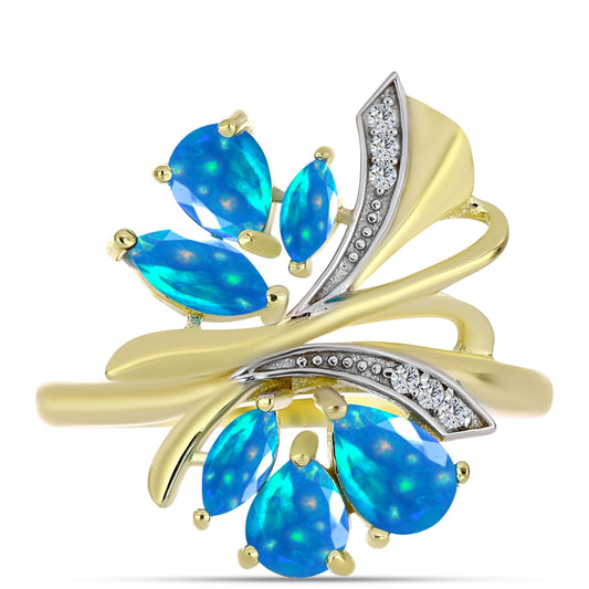 Anillo de Plata Bañada en Oro con Ópalo Paraíso de Etiopia y Topacio Blanco