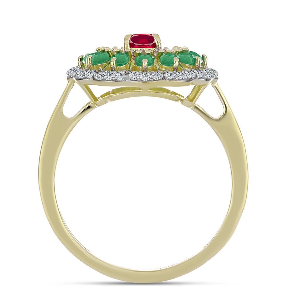 Anillo de Plata Bañada en Oro con Rubí de Madagascar y Esmeralda de Brasil