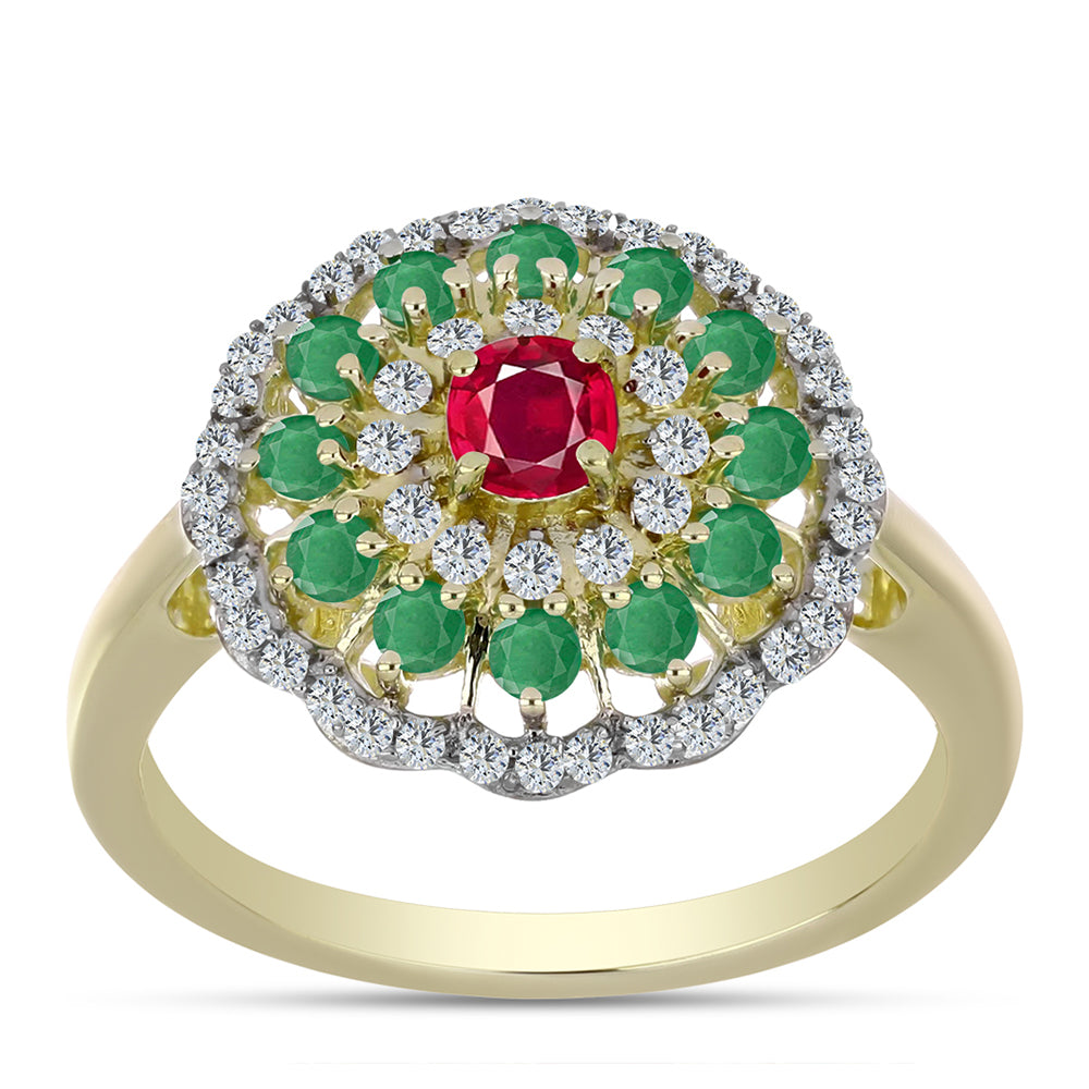 Anillo de Plata Bañada en Oro con Rubí de Madagascar y Esmeralda de Brasil