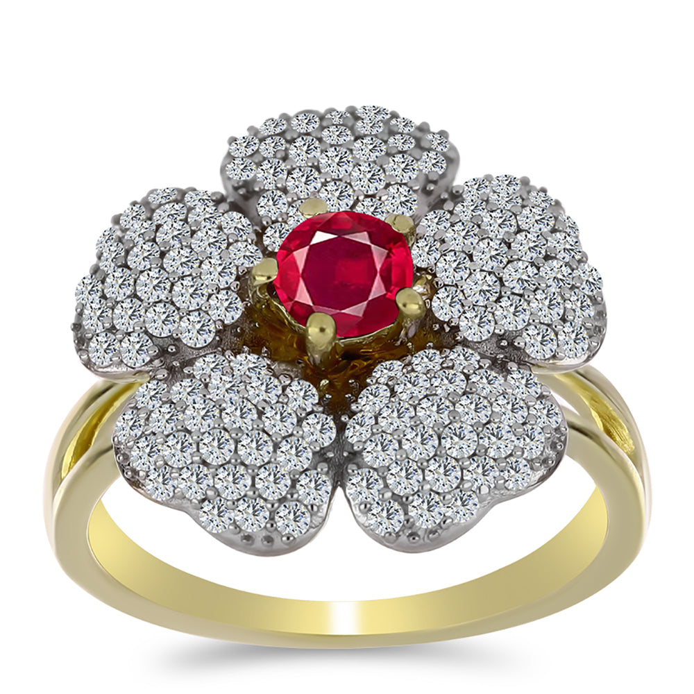 Anillo de Plata Bañada en Oro con Rubí de Madagascar y Topacio Blanco