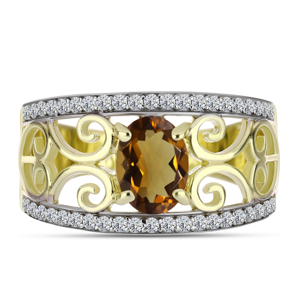 Anillo de Plata Bañada en Oro con Cuarzo Coñac y Topacio Blanco 1 