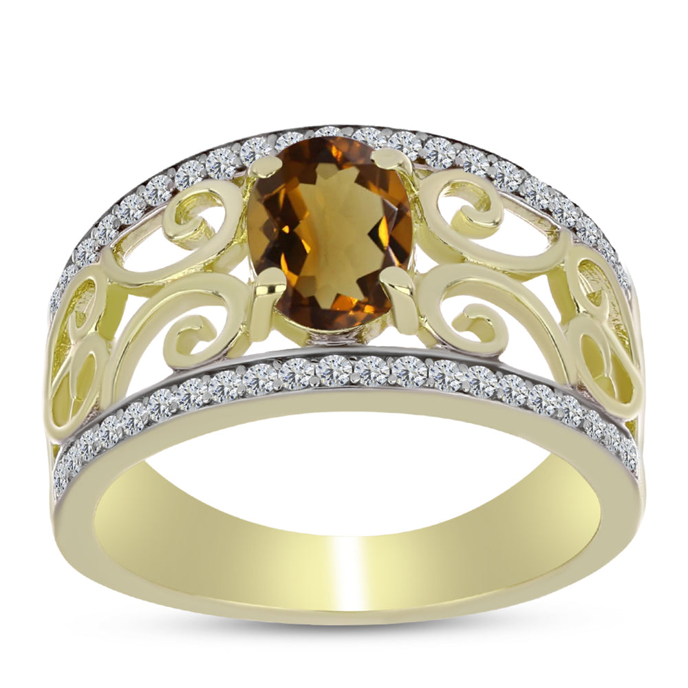 Anillo de Plata Bañada en Oro con Cuarzo Coñac y Topacio Blanco 3 