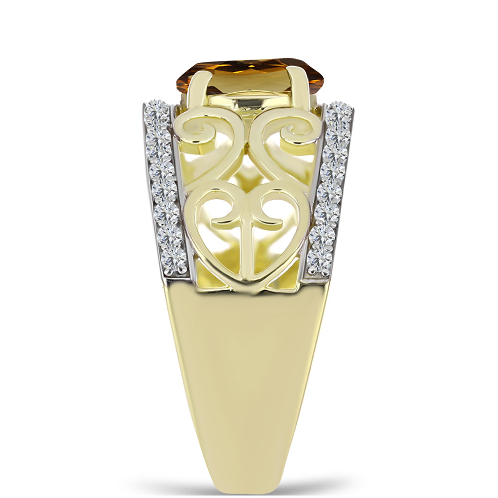 Anillo de Plata Bañada en Oro con Cuarzo Coñac y Topacio Blanco