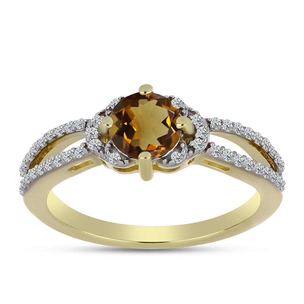 Anillo de Plata Bañada en Oro con Cuarzo Coñac y Topacio Blanco 1 