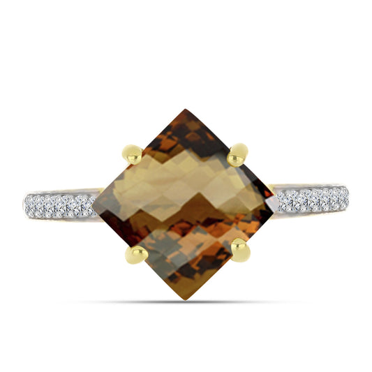 Anillo de Plata Bañada en Oro con Cuarzo Coñac y Topacio Blanco