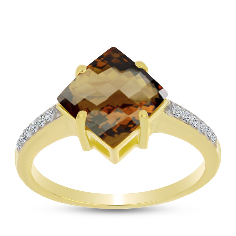 Anillo de Plata Bañada en Oro con Cuarzo Coñac y Topacio Blanco