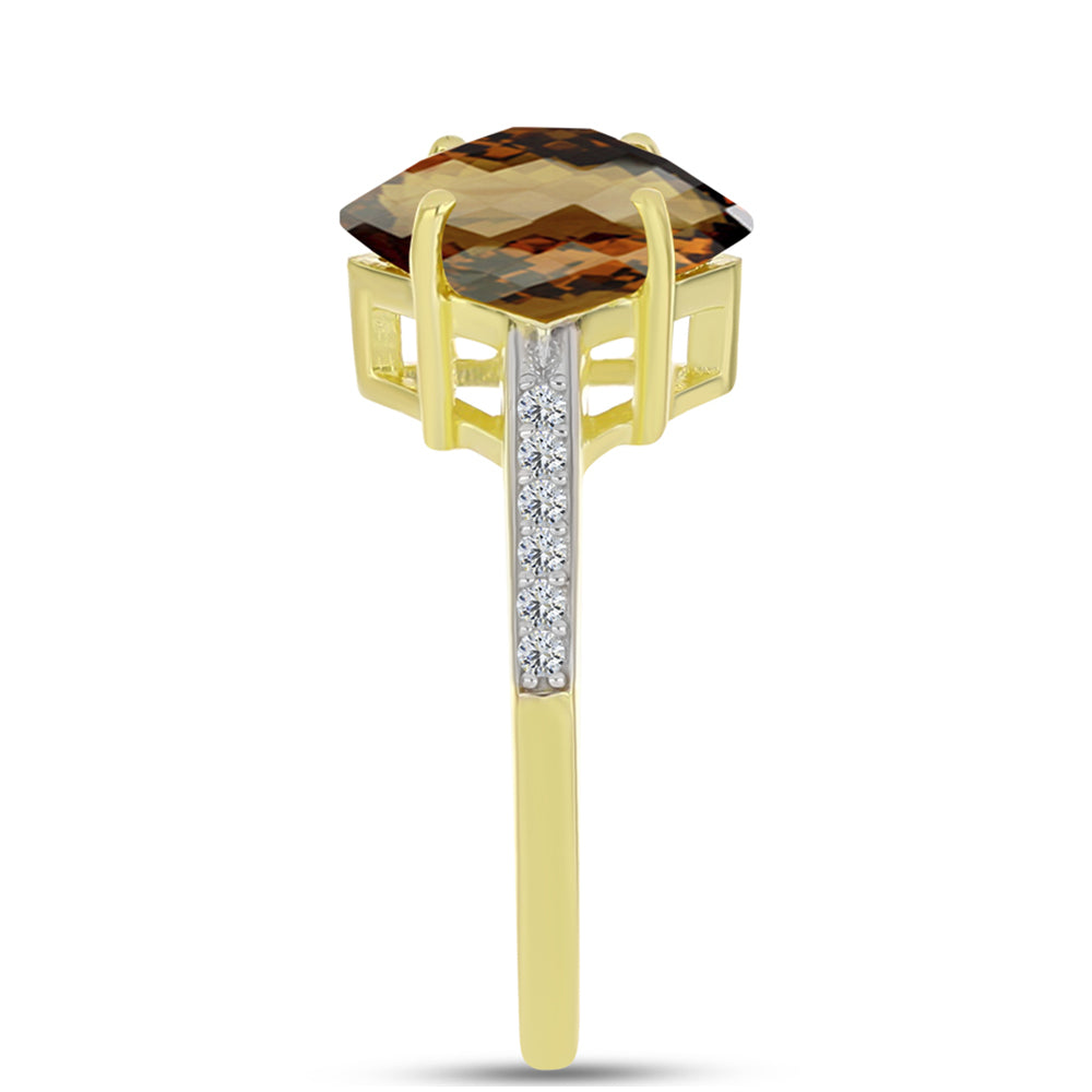 Anillo de Plata Bañada en Oro con Cuarzo Coñac y Topacio Blanco