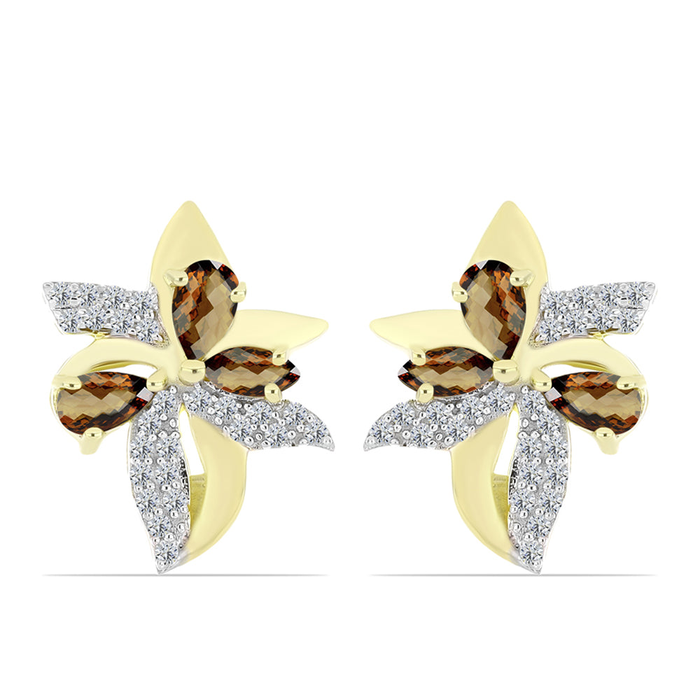 Pendientes de Plata Bañada en Oro con Cuarzo Coñac y Topacio Blanco 1 