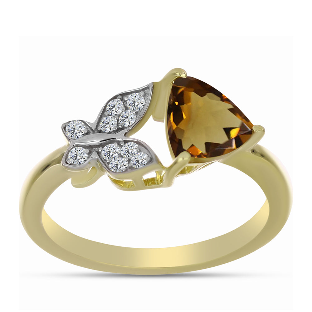 Anillo de Plata Bañada en Oro con Cuarzo Coñac y Topacio Blanco