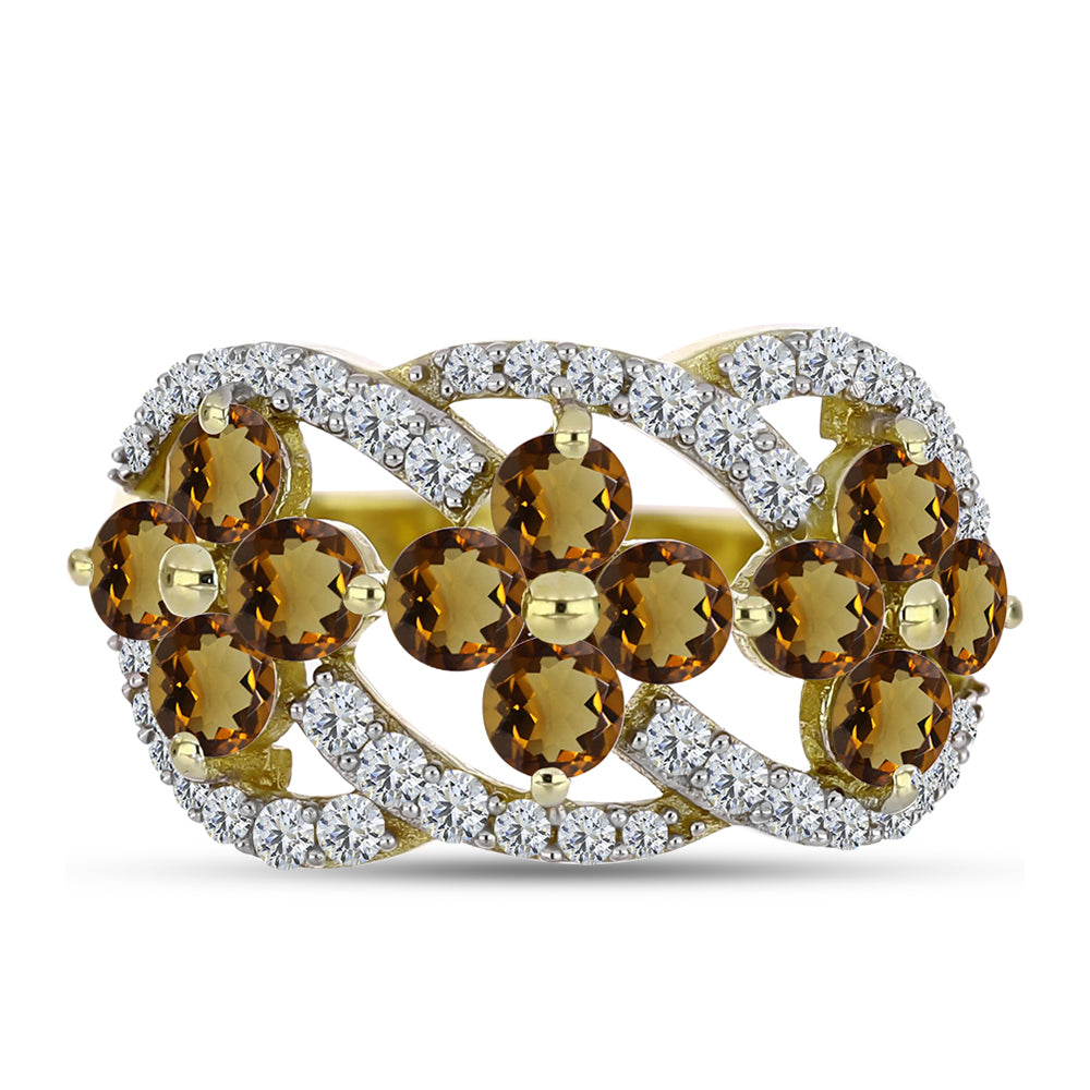 Anillo de Plata Bañada en Oro con Cuarzo Coñac y Topacio Blanco