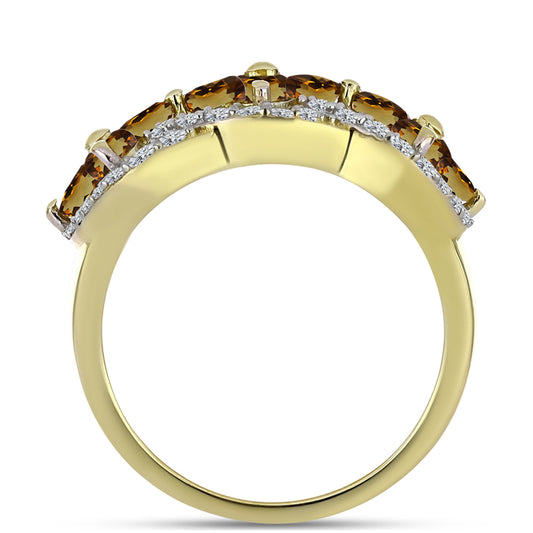 Anillo de Plata Bañada en Oro con Cuarzo Coñac y Topacio Blanco