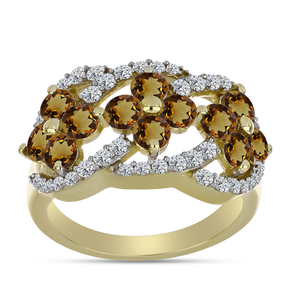 Anillo de Plata Bañada en Oro con Cuarzo Coñac y Topacio Blanco 3 