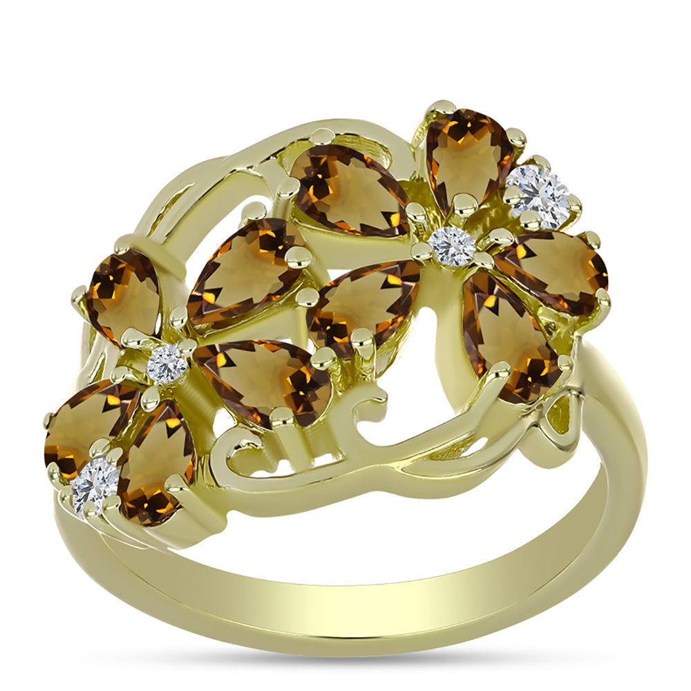 Anillo de Plata Bañada en Oro con Cuarzo Coñac y Topacio Blanco 3 