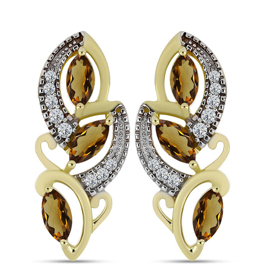 Pendientes de Plata Bañada en Oro con Cuarzo Coñac y Topacio Blanco