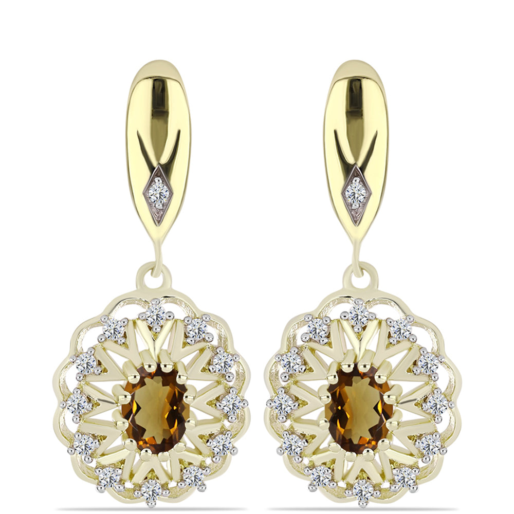 Pendientes de Plata Bañada en Oro con Cuarzo Coñac y Topacio Blanco 1 