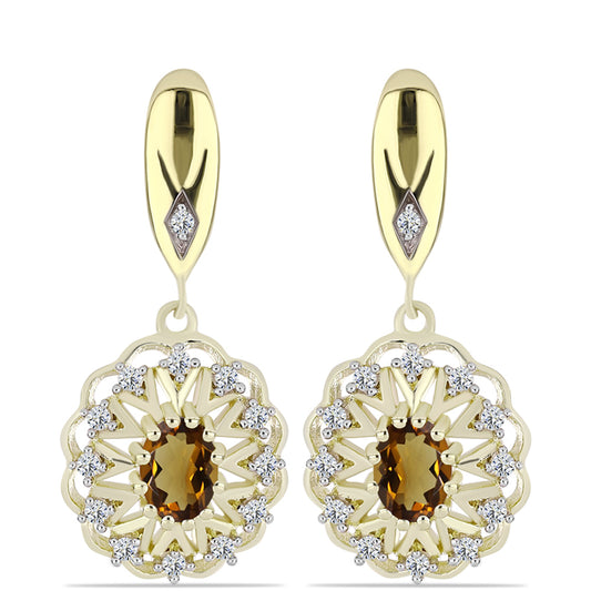 Pendientes de Plata Bañada en Oro con Cuarzo Coñac y Topacio Blanco