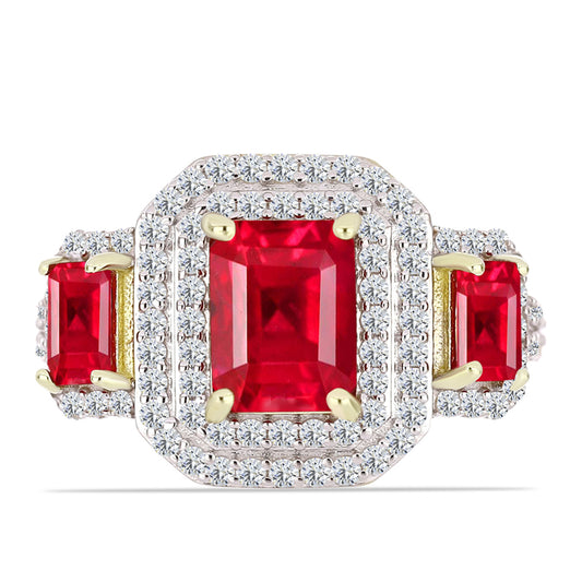 Anillo de Plata Bañada en Oro con Ágata Roja y Topacio Blanco