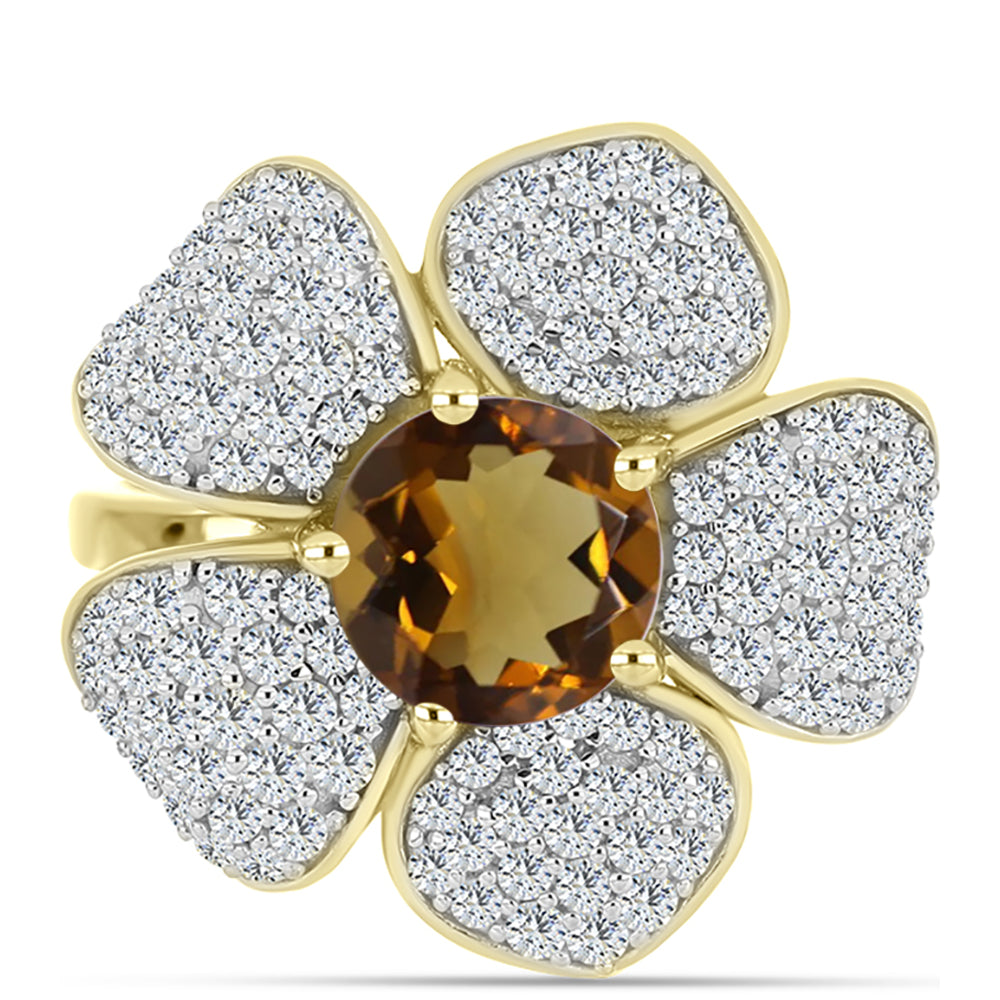 Anillo de Plata Bañada en Oro con Cuarzo Coñac y Topacio Blanco 1 