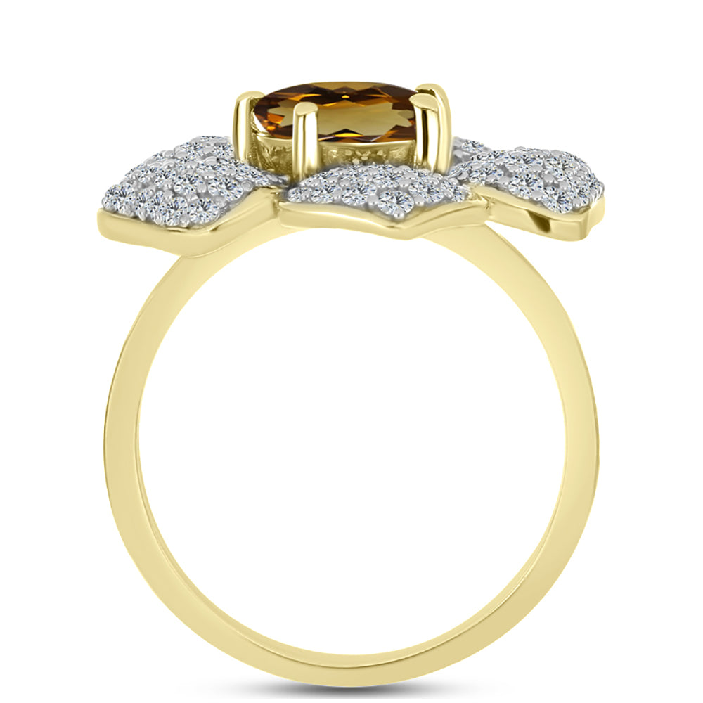 Anillo de Plata Bañada en Oro con Cuarzo Coñac y Topacio Blanco