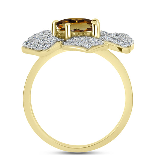 Anillo de Plata Bañada en Oro con Cuarzo Coñac y Topacio Blanco