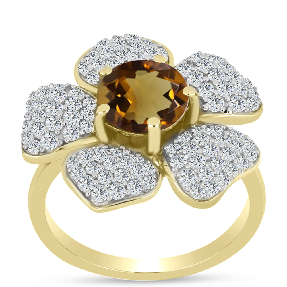 Anillo de Plata Bañada en Oro con Cuarzo Coñac y Topacio Blanco 3 