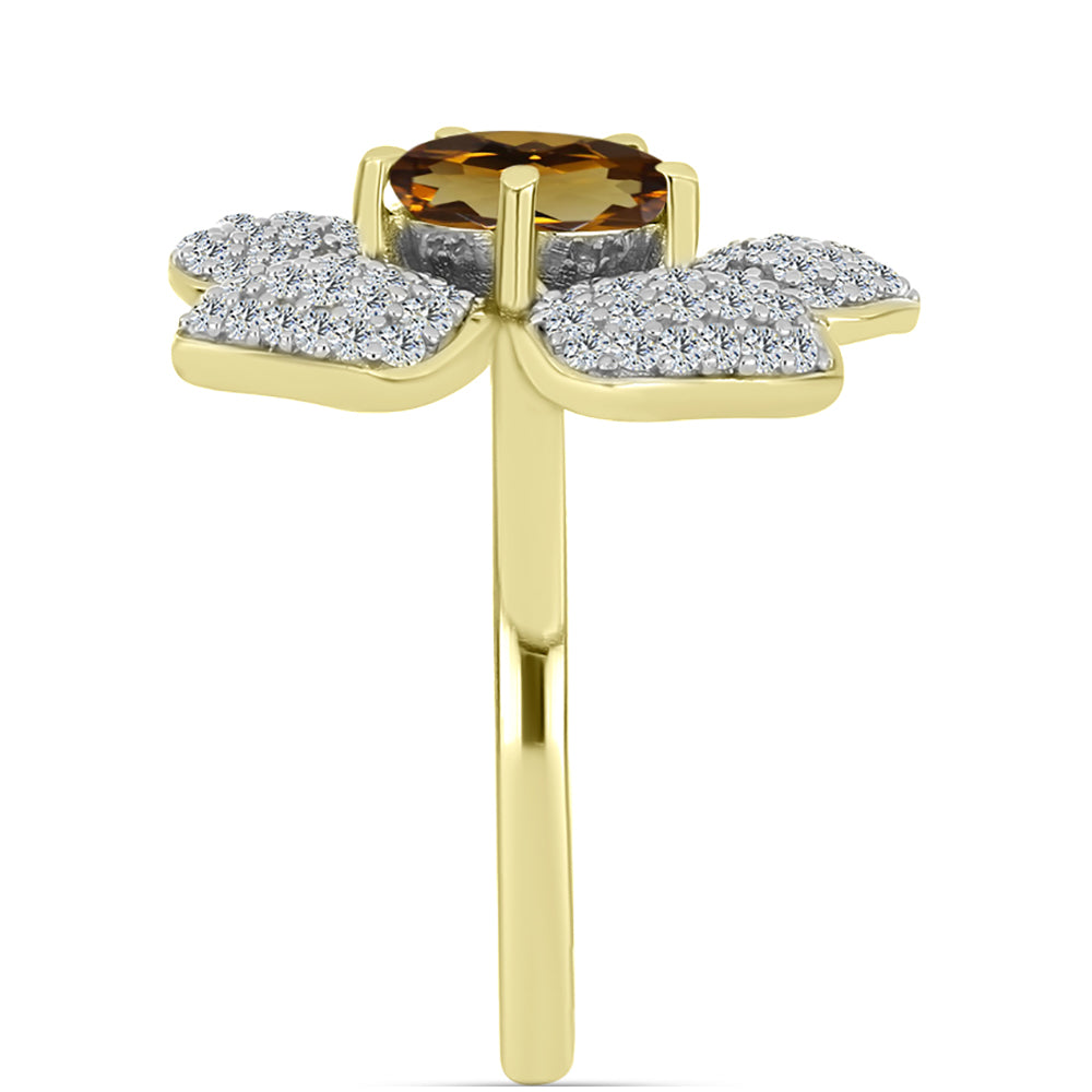 Anillo de Plata Bañada en Oro con Cuarzo Coñac y Topacio Blanco 4 