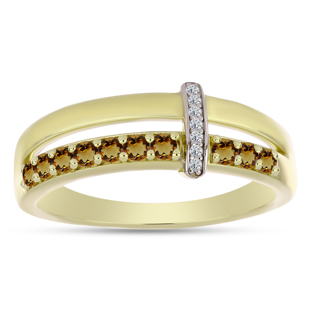 Anillo de Plata Bañada en Oro con Cuarzo Coñac y Topacio Blanco 7 