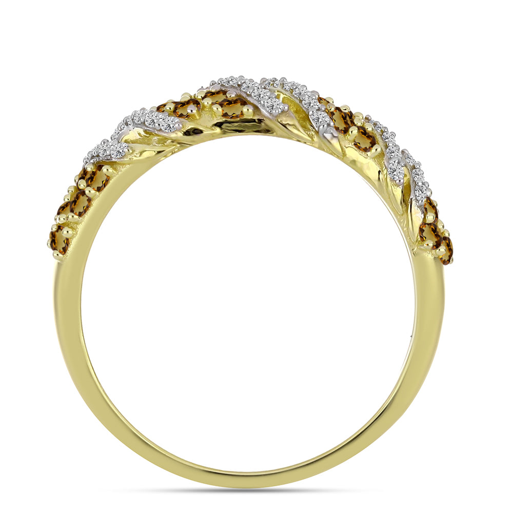 Anillo de Plata Bañada en Oro con Cuarzo Coñac y Topacio Blanco