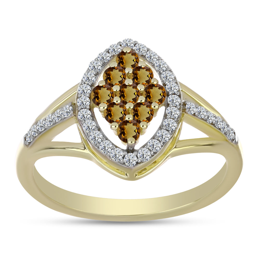 Anillo de Plata Bañada en Oro con Cuarzo Coñac y Topacio Blanco
