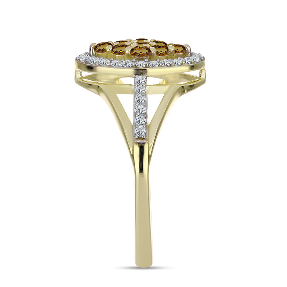 Anillo de Plata Bañada en Oro con Cuarzo Coñac y Topacio Blanco 8 