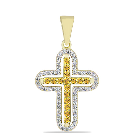 Cruz Colgante de Plata Bañada en Oro con Cuarzo Coñac y Topacio Blanco