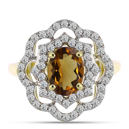 Anillo de Plata Bañada en Oro con Cuarzo Coñac y Topacio Blanco