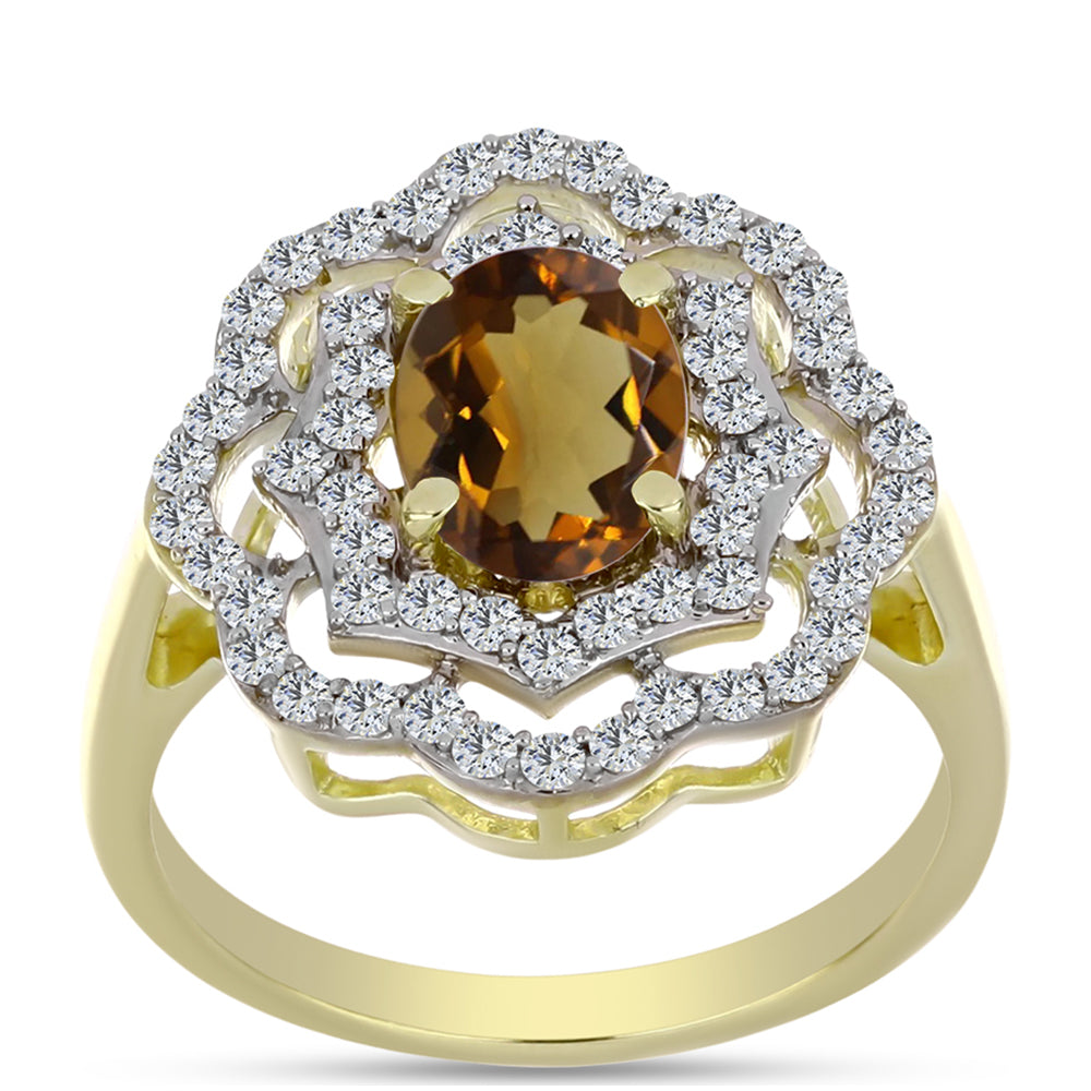 Anillo de Plata Bañada en Oro con Cuarzo Coñac y Topacio Blanco 3 