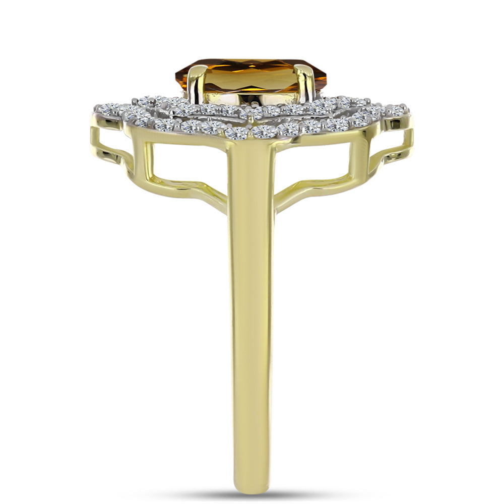 Anillo de Plata Bañada en Oro con Cuarzo Coñac y Topacio Blanco