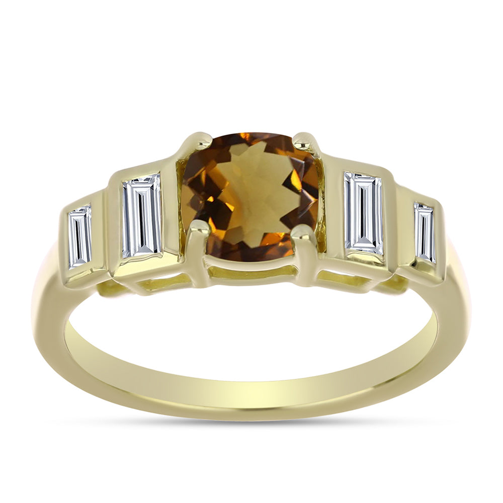 Anillo de Plata Bañada en Oro con Cuarzo Coñac y Zircón Blanco