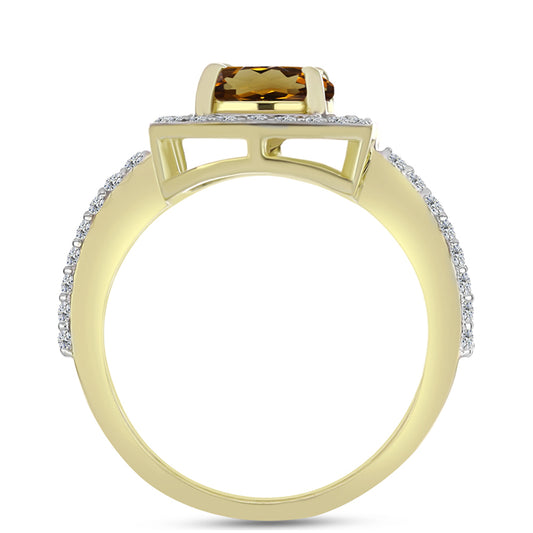 Anillo de Plata Bañada en Oro con Cuarzo Coñac y Topacio Blanco