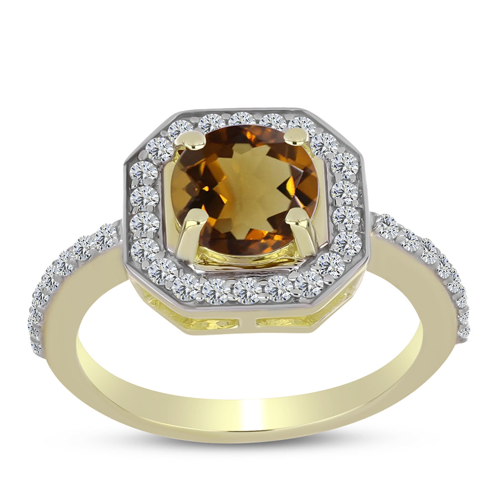 Anillo de Plata Bañada en Oro con Cuarzo Coñac y Topacio Blanco