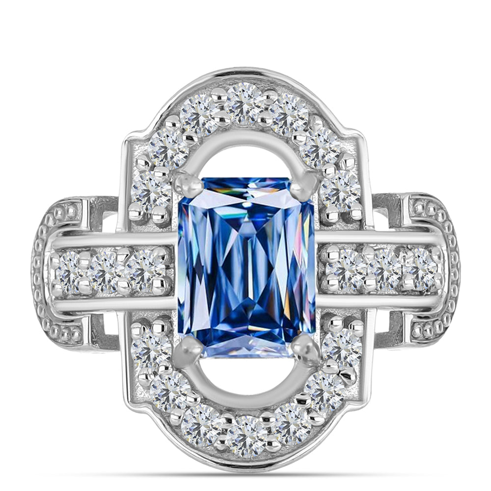 Anillo de Plata con Moisanita azul océano y Topacio Blanco