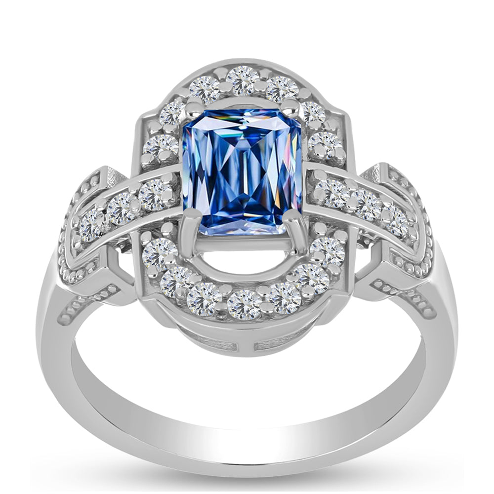 Anillo de Plata con Moisanita azul océano y Topacio Blanco