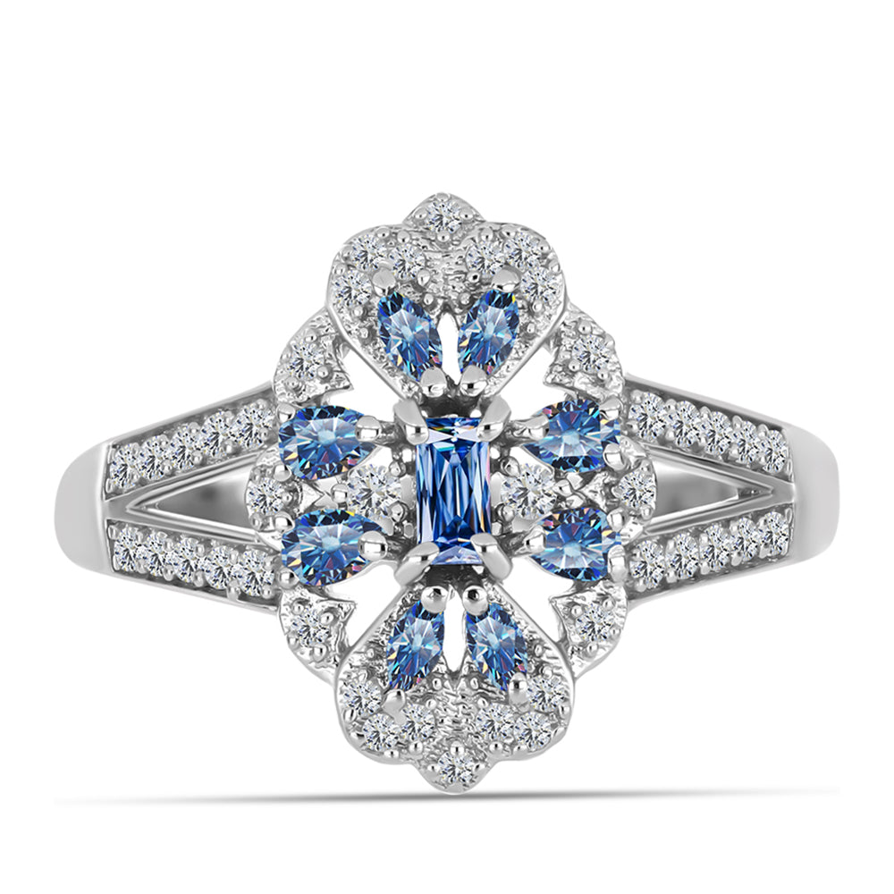 Anillo de Plata con Moisanita azul océano y Topacio Blanco 1 